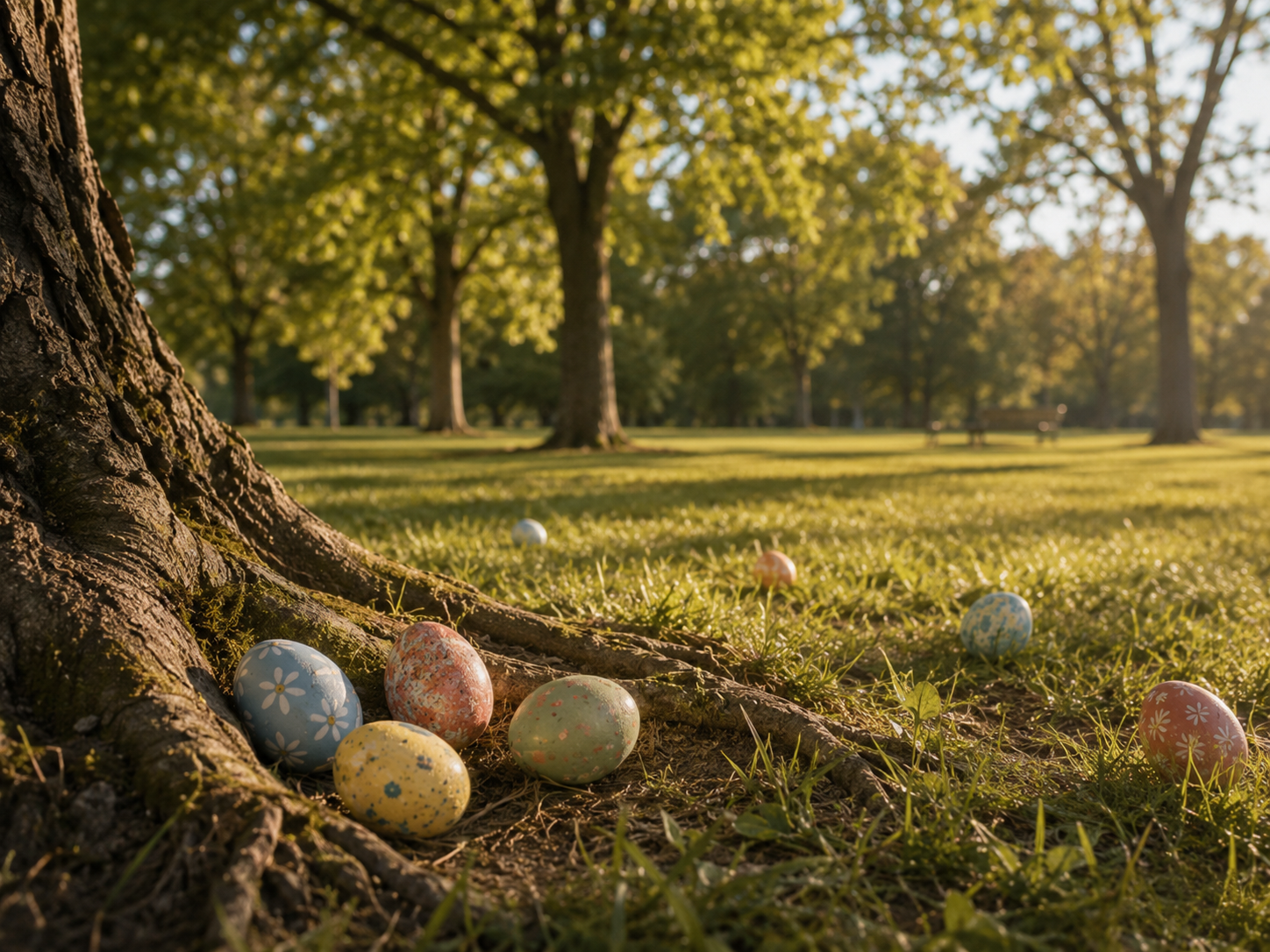 Des cocos colorés sont cachés au pied d'un arbre dans un parc.