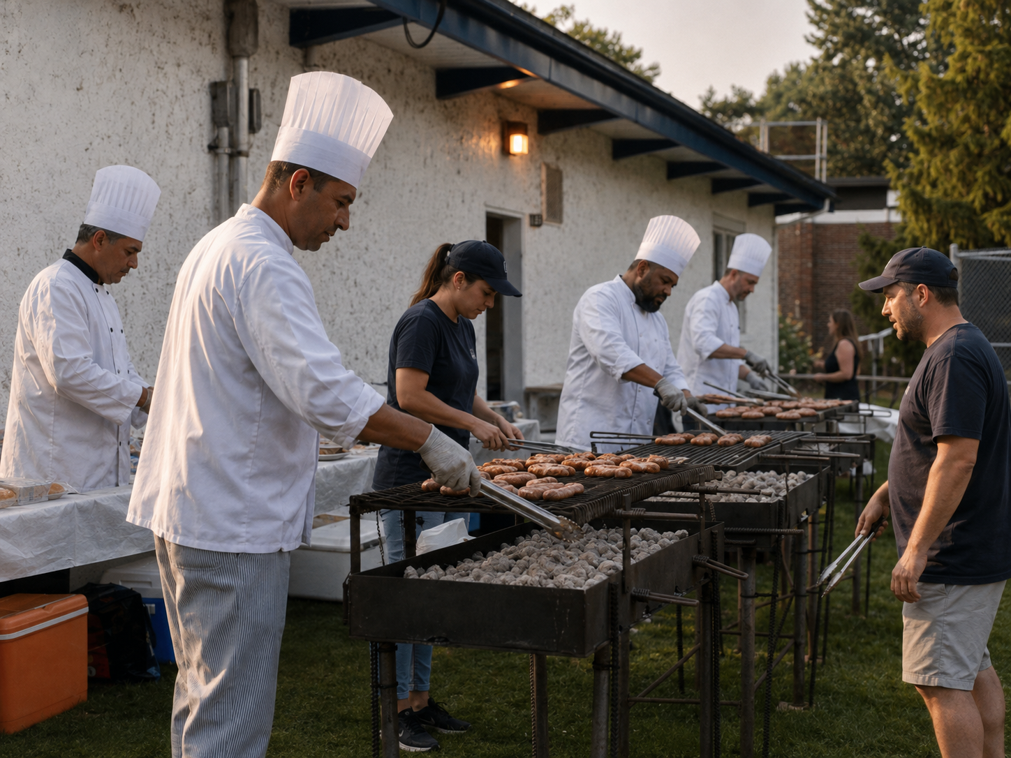 Des bénévoles préparent le BBQ de la Fête Champêtre dans un parc.