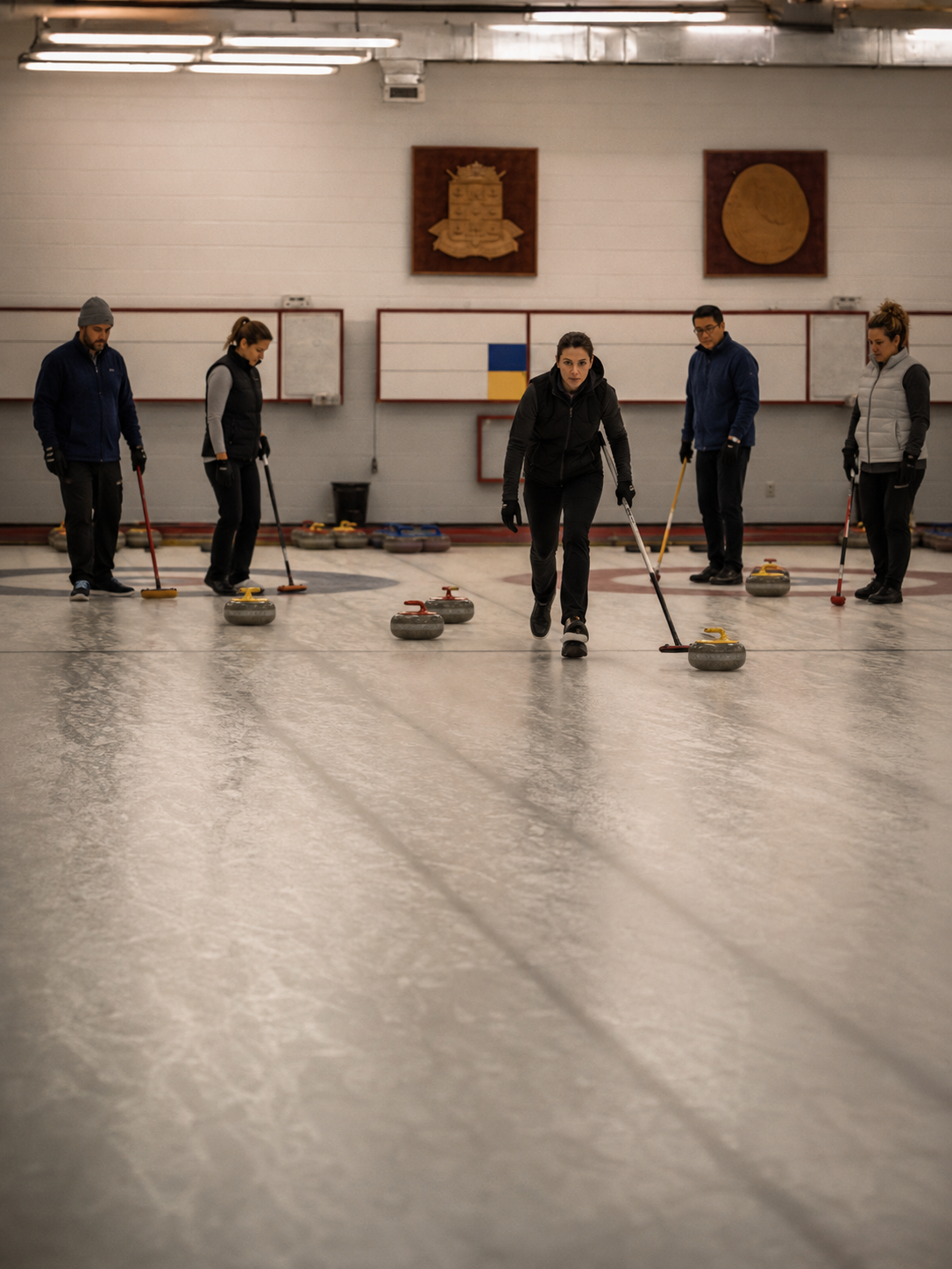 Des résidents participent à un tournoi de curling sur la glace.